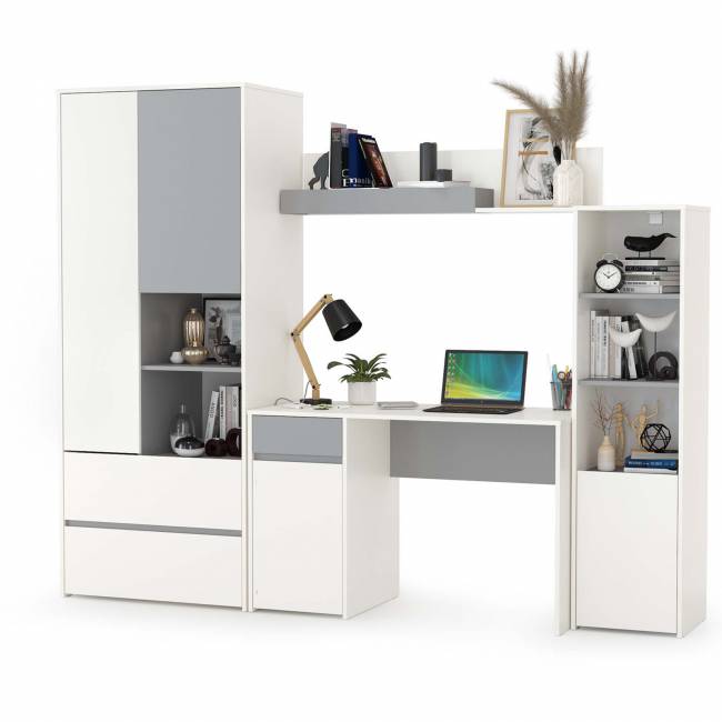 Детская мебельная стенка Торонто № 4 цвет белый шагрень/стальной серый