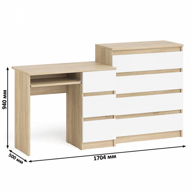Стол компьютерный с ящиками МС-6 правый с комодом МК800 4 ящика Мори цвет дуб сонома/белый