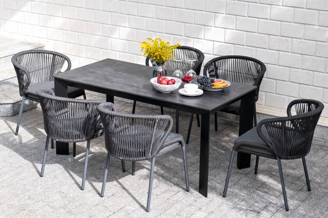 "Венето" обеденная группа на 6 персон со стульями "Милан", каркас темно-серый, роуп темно-серый