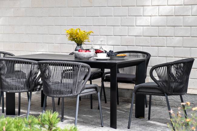 "Венето" обеденная группа на 6 персон со стульями "Милан", каркас темно-серый, роуп темно-серый