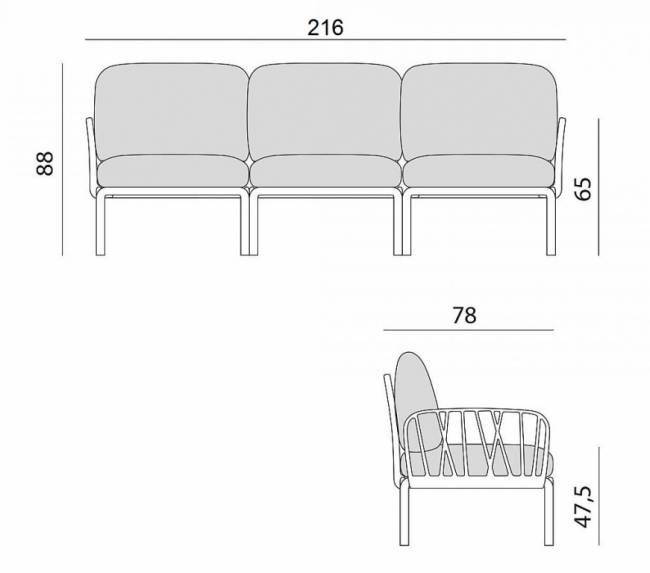 Диван пластиковый с подушками Komodo 3 антрацит, серый 2190х780х900 мм