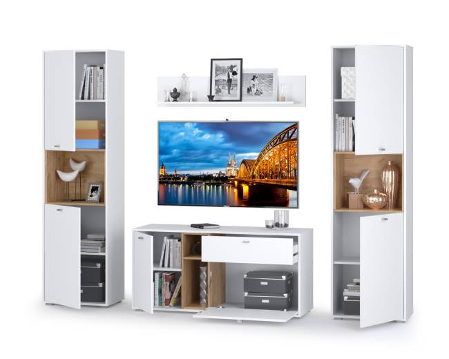 Стенка в гостиную Бэль № 10, цвет дуб крафт золотой/белый премиум