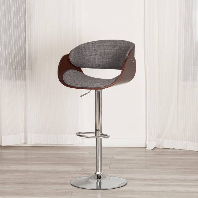 Стул барный Ландо/Lando (мод.4036) металл/дерево/ткань, 59х51х93-114см, высота сиденья 62-83см, серый/орех/хром, Аймкаса 28 орех темный, серый металл/дерево/ткань