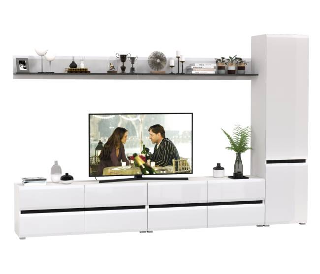 Две ТВ-тумбы с двумя навесными полочками и шкафом с полками Сидней цвет белый/чёрный/МДФ белый глянец