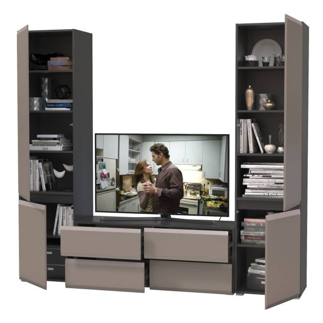 Два шкафа с полками внутри и тумба под ТВ Сидней цвет антрацит/МДФ веллюто капучино