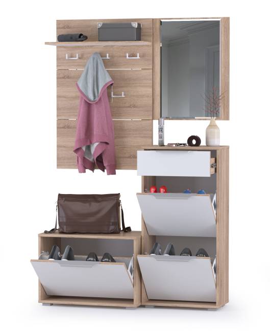 Высокая обувница и обувница с зеркалом и вешалкой для одежды Куба цвет дуб сонома/белый премиум