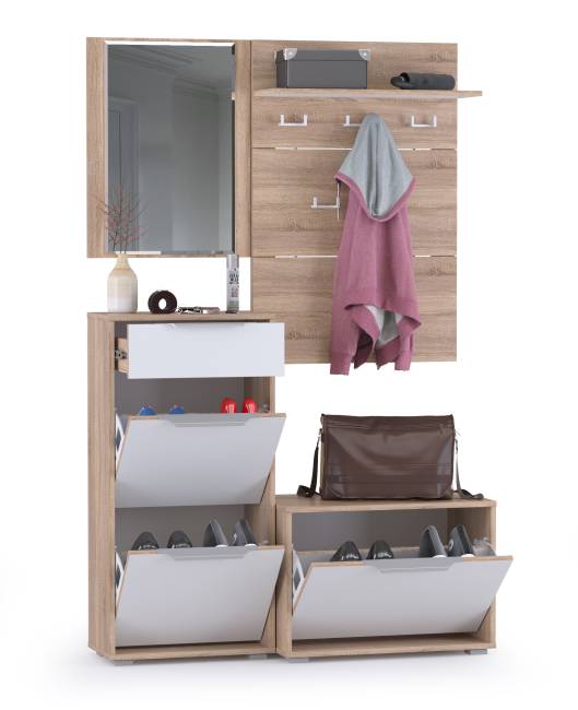 Высокая обувница и обувница с зеркалом и вешалкой для одежды Куба цвет дуб сонома/белый премиум