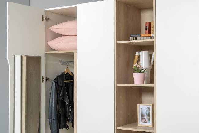 Комплект Муссон Шкаф + Стеллаж + Комод + Зеркало цвет белый/дуб эндгрейн элегантный Комплект Муссон Шкаф + Стеллаж + Комод + Зеркало цвет белый/дуб эндгрейн элегантный