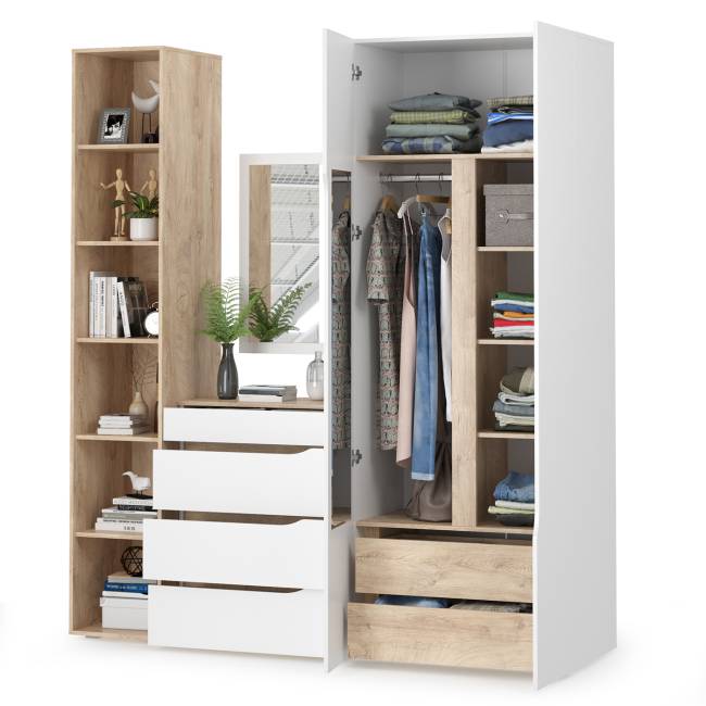 Комплект Муссон Шкаф + Стеллаж + Комод + Зеркало цвет белый/дуб эндгрейн элегантный Комплект Муссон Шкаф + Стеллаж + Комод + Зеркало цвет белый/дуб эндгрейн элегантный