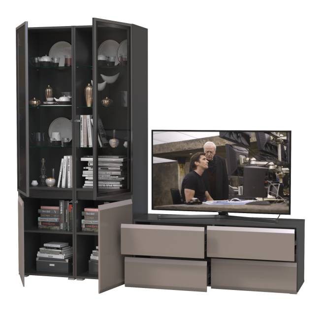 Гостиная из ТВ-тумбы и двух шкафов-витрин Сидней цвет антрацит/МДФ веллюто капучино