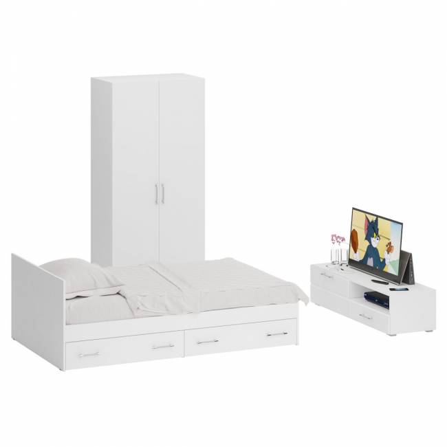 Спальня белая Стандарт № 3 с кроватью 1200 с ящиками цвет белый/фасады ТВ тумбы МДФ белый глянец