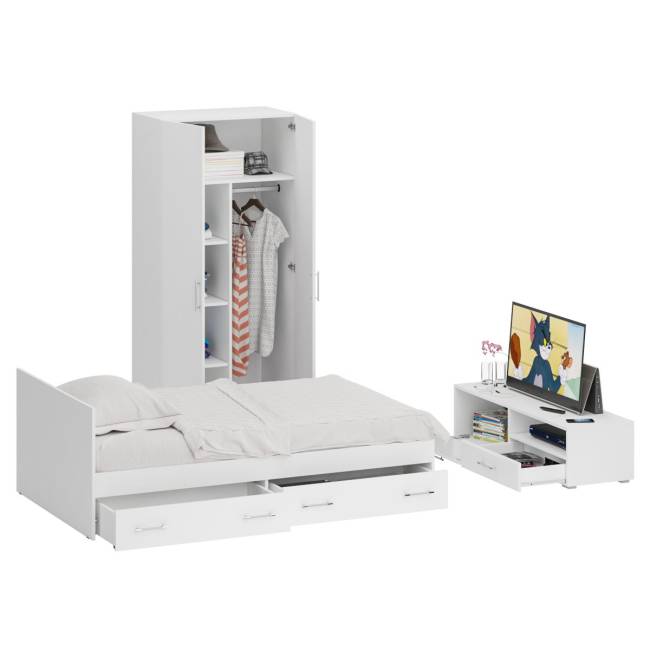 Спальня белая Стандарт № 3 с кроватью 1200 с ящиками цвет белый/фасады ТВ тумбы МДФ белый глянец