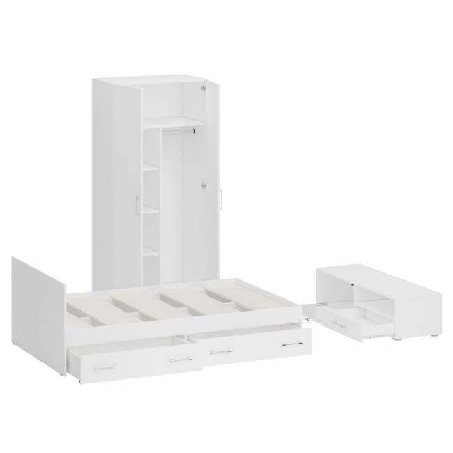 Спальня белая Стандарт № 3 с кроватью 1200 с ящиками цвет белый/фасады ТВ тумбы МДФ белый глянец