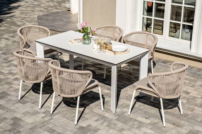 "Венето" обеденная группа на 6 персон со стульями "Милан", каркас белый, роуп бежевый "Венето" обеденная группа на 6 персон со стульями "Милан", каркас белый, роуп бежевый