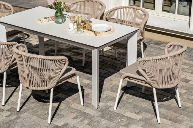 "Венето" обеденная группа на 6 персон со стульями "Милан", каркас белый, роуп бежевый "Венето" обеденная группа на 6 персон со стульями "Милан", каркас белый, роуп бежевый