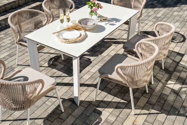 "Венето" обеденная группа на 6 персон со стульями "Милан", каркас белый, роуп бежевый "Венето" обеденная группа на 6 персон со стульями "Милан", каркас белый, роуп бежевый