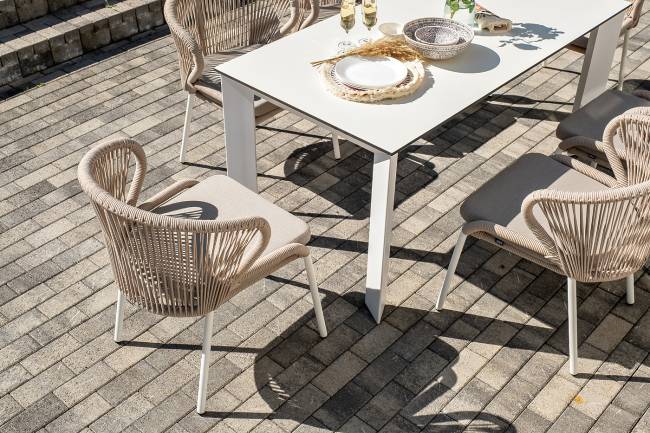 "Венето" обеденная группа на 6 персон со стульями "Милан", каркас белый, роуп бежевый "Венето" обеденная группа на 6 персон со стульями "Милан", каркас белый, роуп бежевый