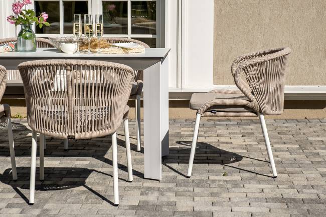 "Венето" обеденная группа на 6 персон со стульями "Милан", каркас белый, роуп бежевый "Венето" обеденная группа на 6 персон со стульями "Милан", каркас белый, роуп бежевый