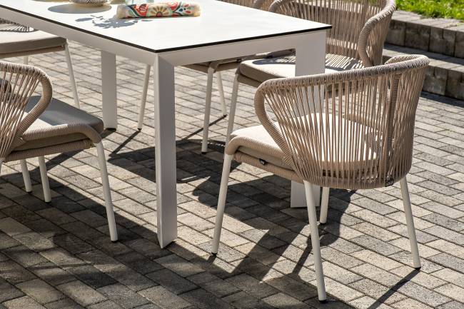 "Венето" обеденная группа на 6 персон со стульями "Милан", каркас белый, роуп бежевый "Венето" обеденная группа на 6 персон со стульями "Милан", каркас белый, роуп бежевый