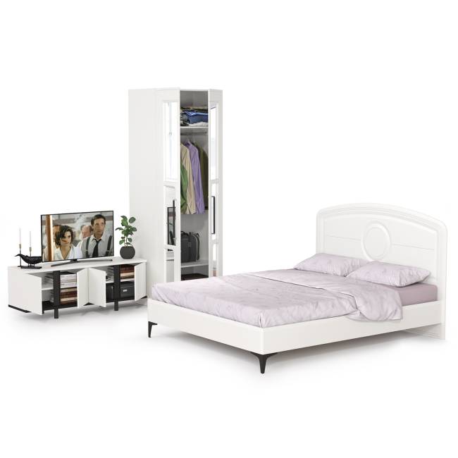 Кровать 1600 с ТВ-тумбой и шкафом с зеркалами Валенсия цвет белый шагрень/чёрный