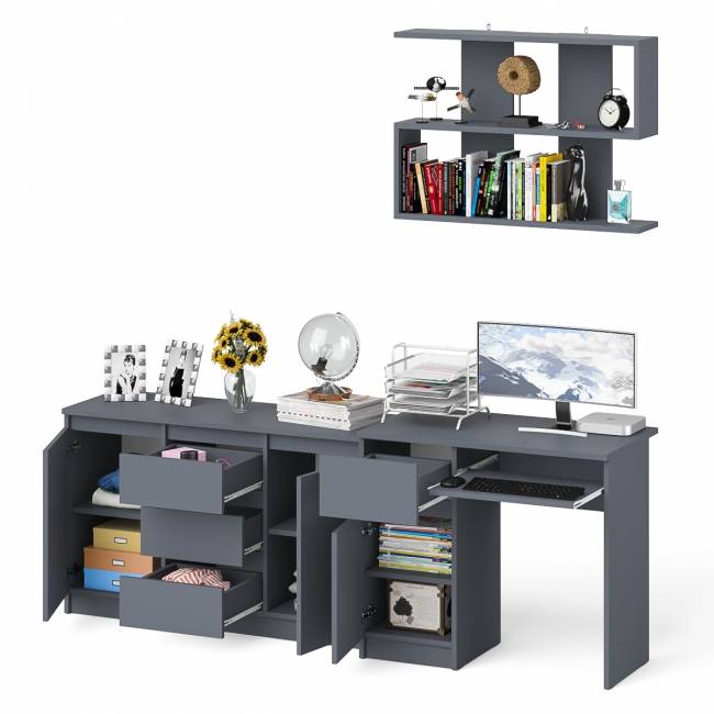 Стол компьютерный Мори МС-1 левый с верхней полкой и комодом с дверками и ящиками цвет графит
