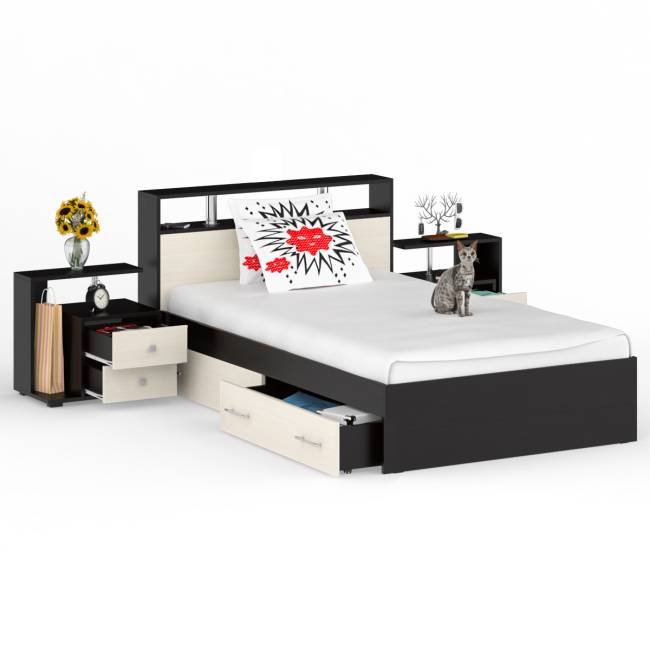 Кровать с ящиками 1200 Камелия + две тумбы цвет венге/дуб лоредо