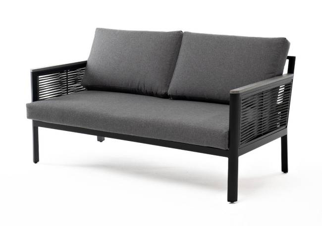 "Сан Ремо" диван 2-местный плетеный из роупа, каркас алюминий темно-серый, роуп серый, ткань серая