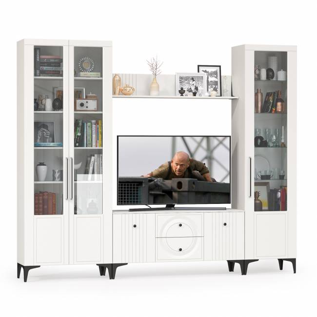 Стенка для гостиной с сервантом Валенсия № 60 цвет белый шагрень