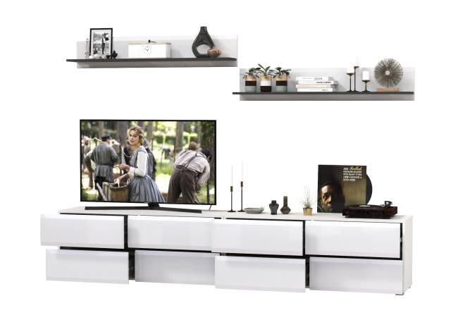 Большая ТВ-тумба Сидней с двумя навесными полочками цвет белый/чёрный/МДФ белый глянец