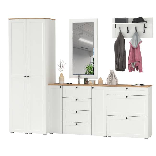 Стенка в прихожую Остин № 58 цвет белый шагрень/дуб крафт золотой Стенка в прихожую Остин № 58 цвет белый шагрень/дуб крафт золотой