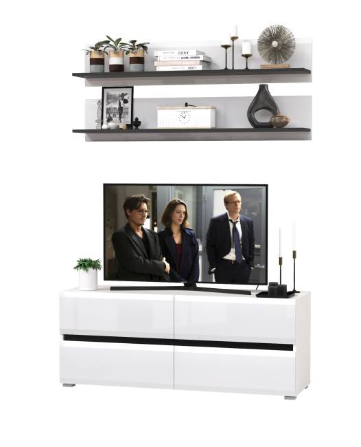 Две открытых полочки с тумбой для аппаратуры Сидней цвет белый/чёрный/МДФ белый глянец
