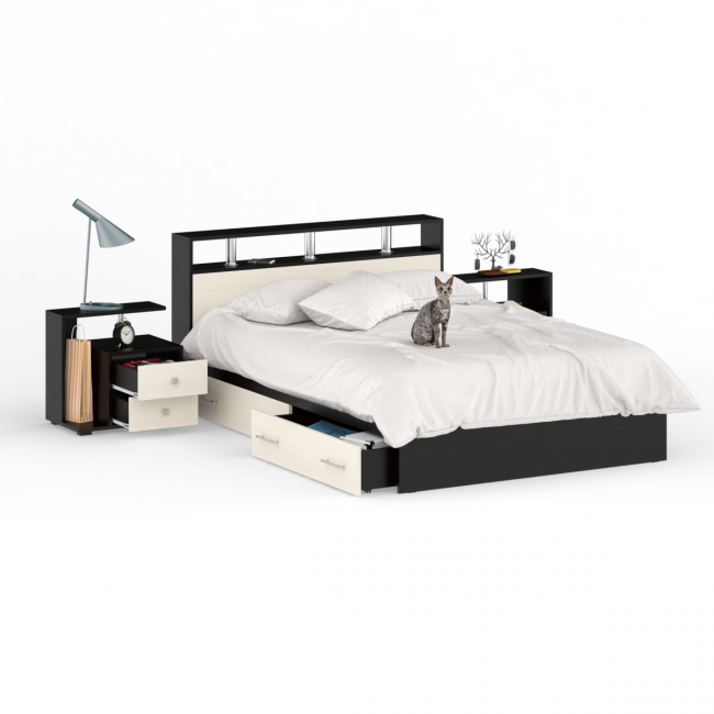 Кровать с ящиками 1400 Камелия + две тумбы цвет венге/дуб лоредо