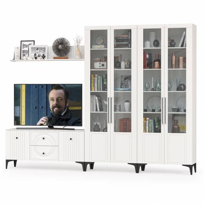 Большая стенка для ТВ-аппаратуры Валенсия № 64 цвет белый шагрень Большая стенка для ТВ-аппаратуры Валенсия № 64 цвет белый шагрень