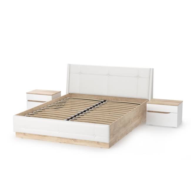 Кровать с подъёмным основанием и двумя прикроватными тумбами Муссон цвет белый/дуб эндгрейн элегантный/кожзам белый