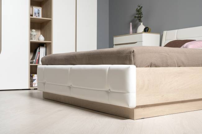 Кровать с подъёмным основанием и двумя прикроватными тумбами Муссон цвет белый/дуб эндгрейн элегантный/кожзам белый