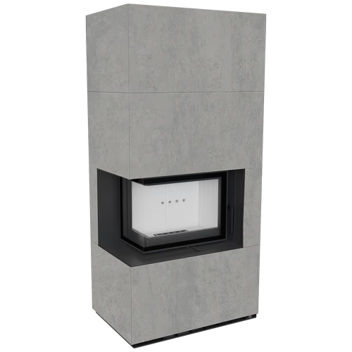 Каминокомплект Kratki PRO FLOKI CEMENTO GRIGIO BOCCIARDATA, угловое стекло слева