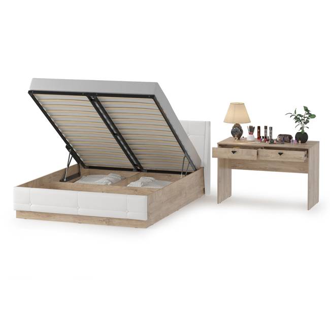 Кровать Муссон с подъёмным основанием и туалетным столиком цвет дуб эндгрейн элегантный/искусственная кожа белая
