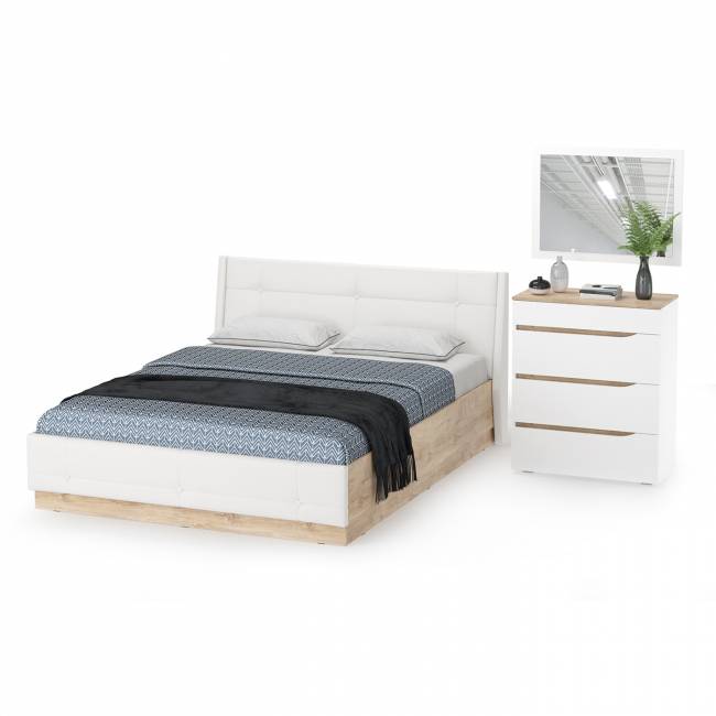 Кровать с подъёмным ортопедом 1600 и комод с зеркалом Муссон цвет белый/дуб эндгрейн элегантный/кожзам белый