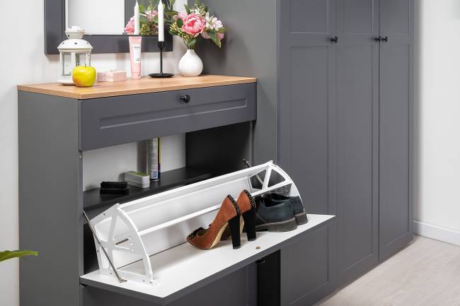 Мебельная стенка для прихожей Остин № 61 цвет серый графит/дуб крафт золотой