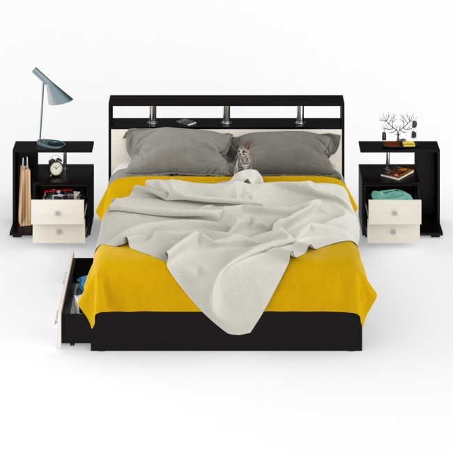 Кровать с ящиками 1600 Камелия + две тумбы цвет венге/дуб лоредо