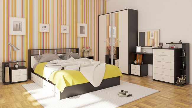 Кровать с ящиками 1600 Камелия + две тумбы цвет венге/дуб лоредо