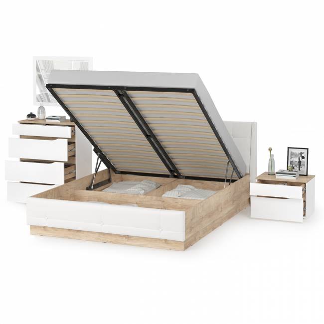 Кровать с подъёмным ортопедом Муссон 1600 с тумбочкой и комодом с зеркалом СВК цвет белый/дуб эндгрейн элегантный/кожзам белый