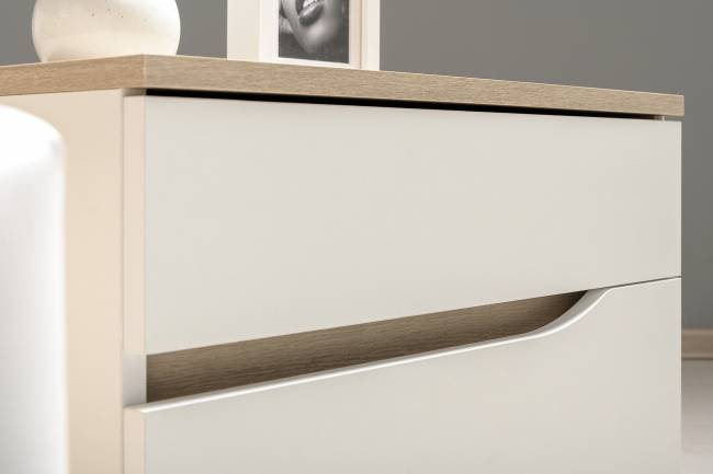 Кровать с подъёмным ортопедом Муссон 1600 с тумбочкой и комодом с зеркалом СВК цвет белый/дуб эндгрейн элегантный/кожзам белый