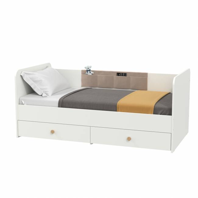 Кровать с ящиками и накладкой-карманом Джастин цвет белый шагрень/ткань серо-бежевая