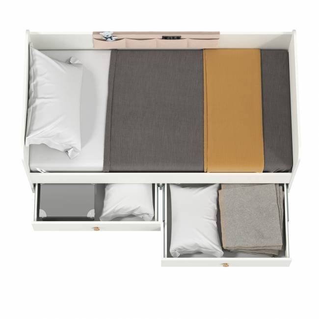 Кровать с ящиками и накладкой-карманом Джастин цвет белый шагрень/ткань серо-бежевая