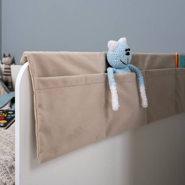 Кровать с ящиками и накладкой-карманом Джастин цвет белый шагрень/ткань серо-бежевая