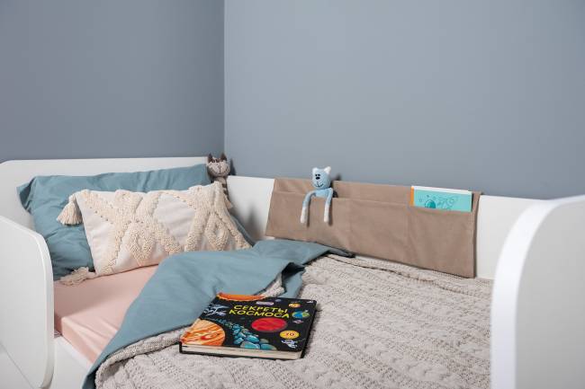 Кровать с ящиками и накладкой-карманом Джастин цвет белый шагрень/ткань серо-бежевая