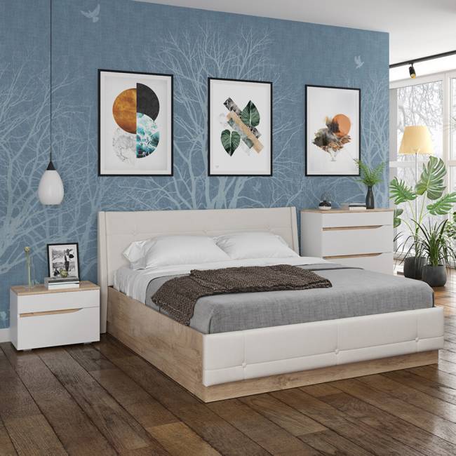 Комплект Кровать Муссон 11.28 + подъёмный ортопед + Тумба 16.03 + Комод 13.97 цвет белый/дуб эндгрейн элегантный/кожзам белый