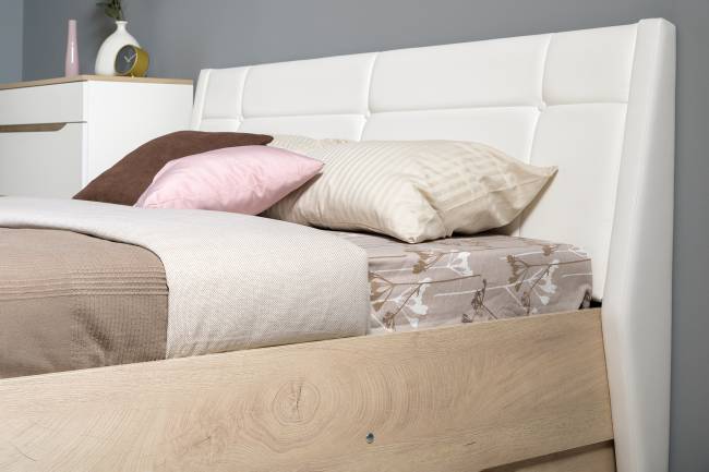 Комплект Кровать Муссон 11.28 + подъёмный ортопед + Тумба 16.03 + Комод 13.97 цвет белый/дуб эндгрейн элегантный/кожзам белый