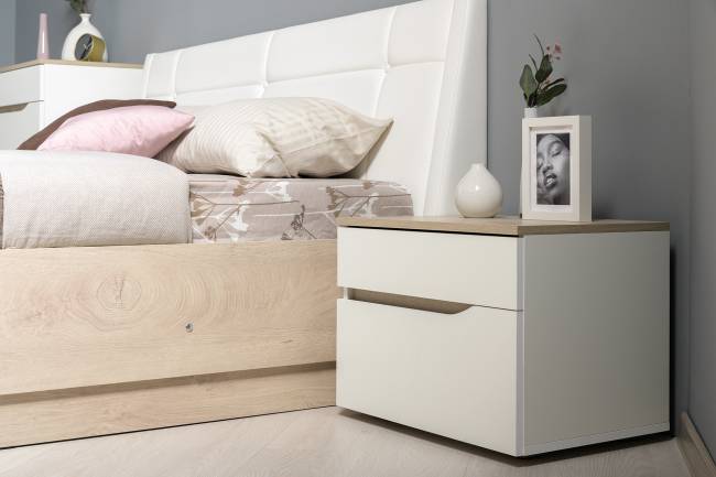 Кровать Муссон с подъёмным основанием и тумбой 16.03 цвет белый/дуб эндгрейн элегантный/кожзам белый